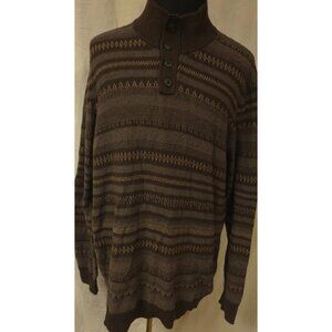 Mutual Weave Mens 2XL Brown Stripe Geometric Quarter Button Pullover Sweater